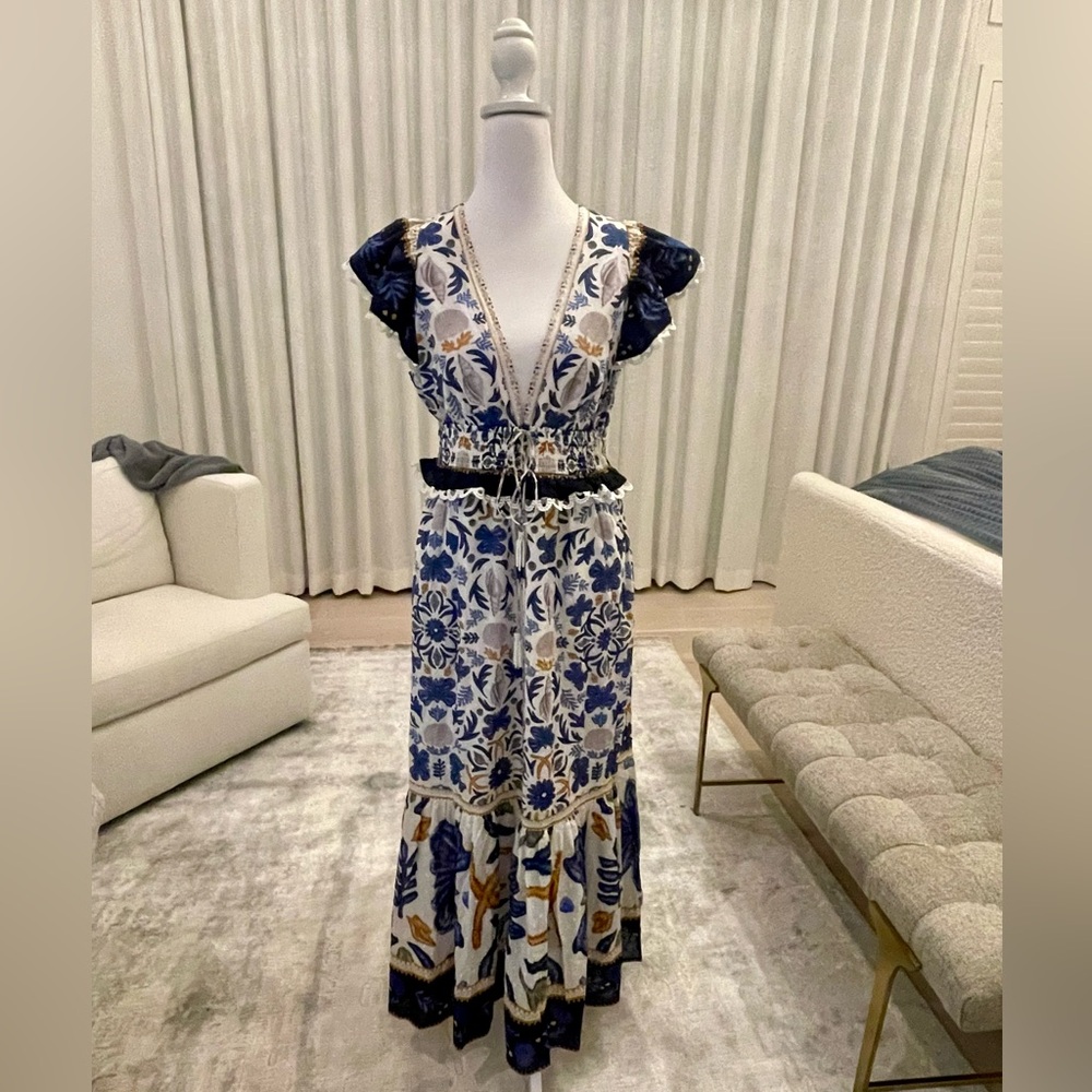 NWT Caroline Constas Garden Floral Beach Blue White Cotton Maxi Dress Sz M NEW